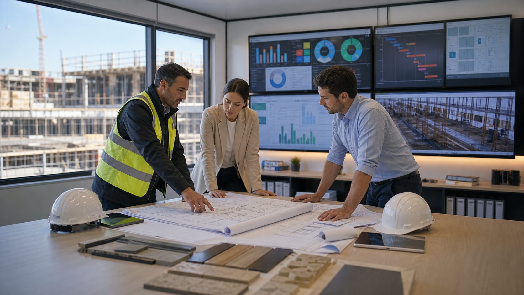Construction delivery control room for project follow-up, procurement, QA, and handover readiness.