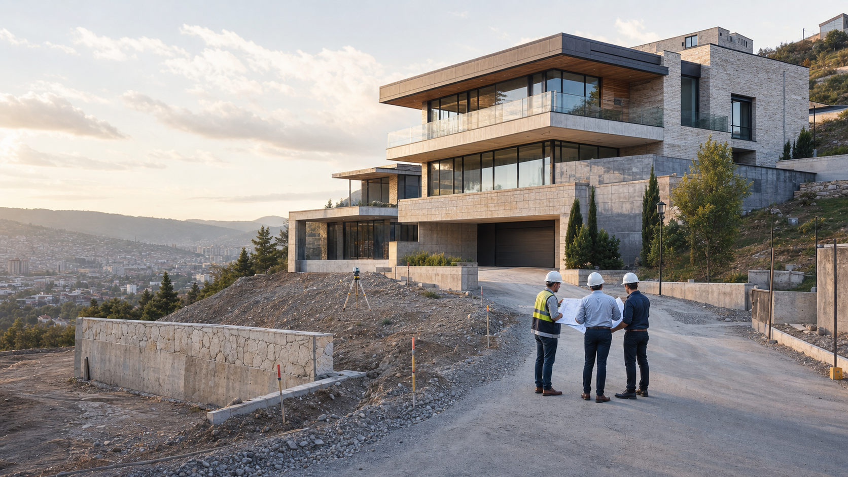 Realistic Aurevon development capability: company buildings, villas, roads, infrastructure, and buildable technical ambition.