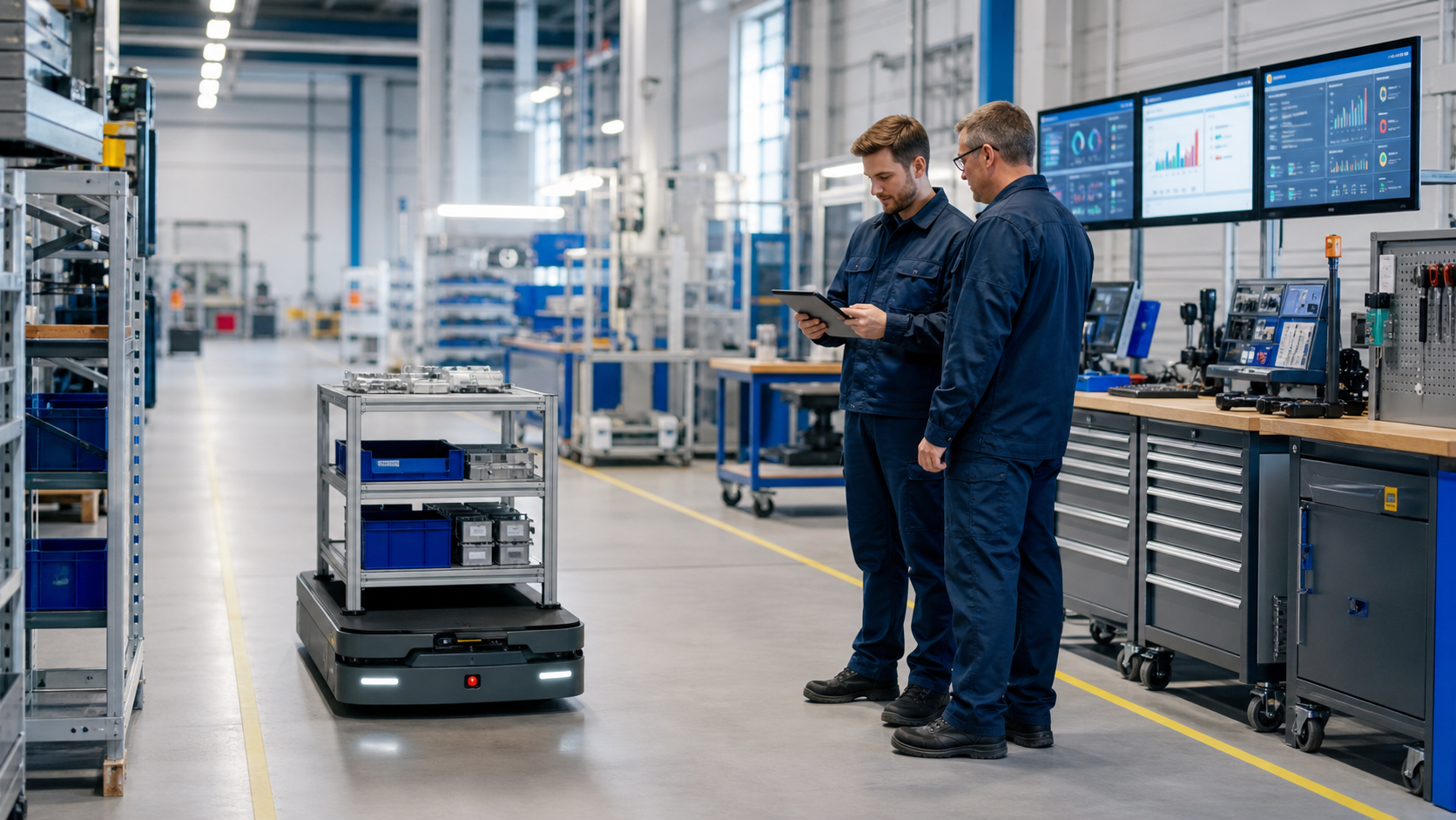 Robotics and facility automation concept for industrial service response, sensors, equipment visibility, and technician support.